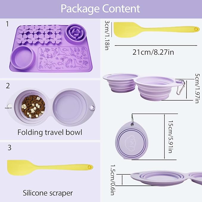 Silicone Snuffle Mat for Dogs and Cats 4 in 1 Purple - Dog Lick Mat with Slow Feeder Bowl - Reusable Pads for Pets with Suction Cups, Puzzle Toys for Bored Puppy, Collapsible Dog Water Bowl