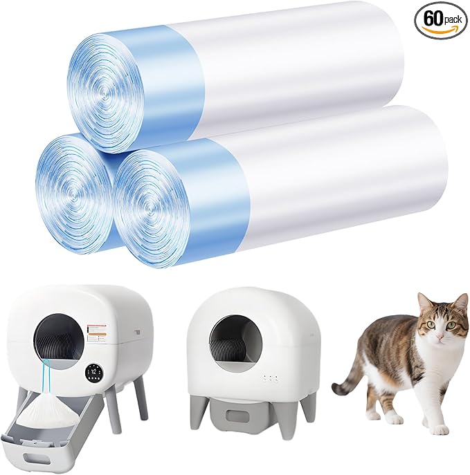 Cat Litter Bags 60 Count, 26.37"X15.74" Drawstring Close Litter Box Liners for Automatic Litter Box,Thick Cat Poop Bags,Easy to Clean,Heavy Duty Robot Bag for Self-Cleaning Box