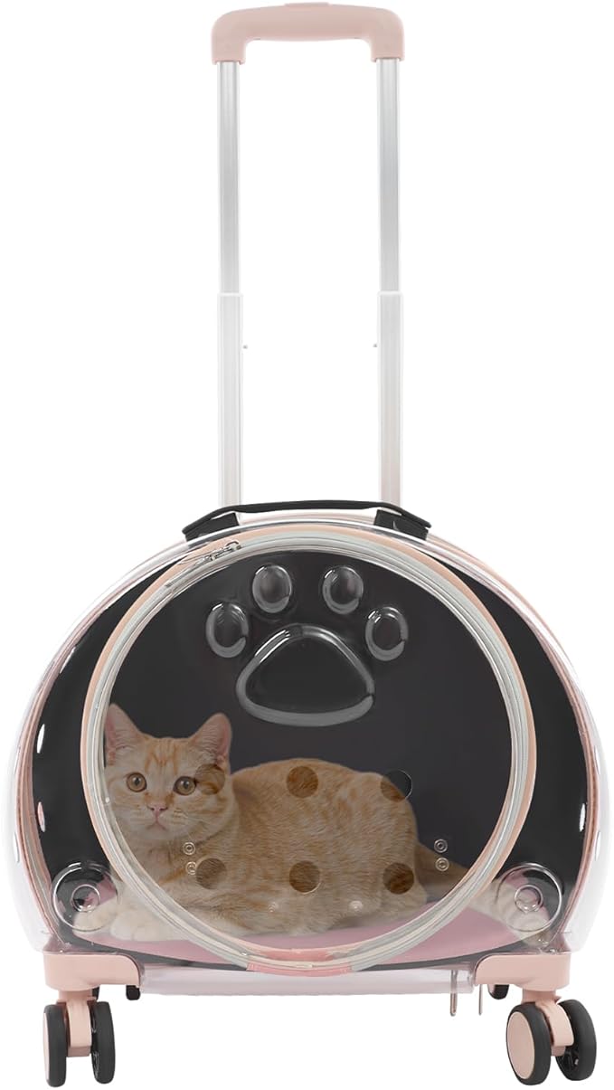 Transparent & Fully Breathable Hard Cat Carrier with Rolling Wheels & Soft Pad for Dogs, Cats Weighing up to 19.84lbs, Multiple Carrying Options, for Traveling/Taking a Walk (Light Pink)