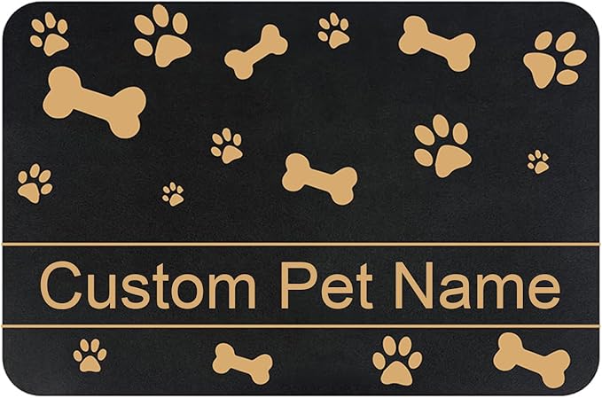 Personalized Cat Dog Food Mat - Non-Slip, Waterproof, Custom Pet Mat with Golden Bone and Paw Prints