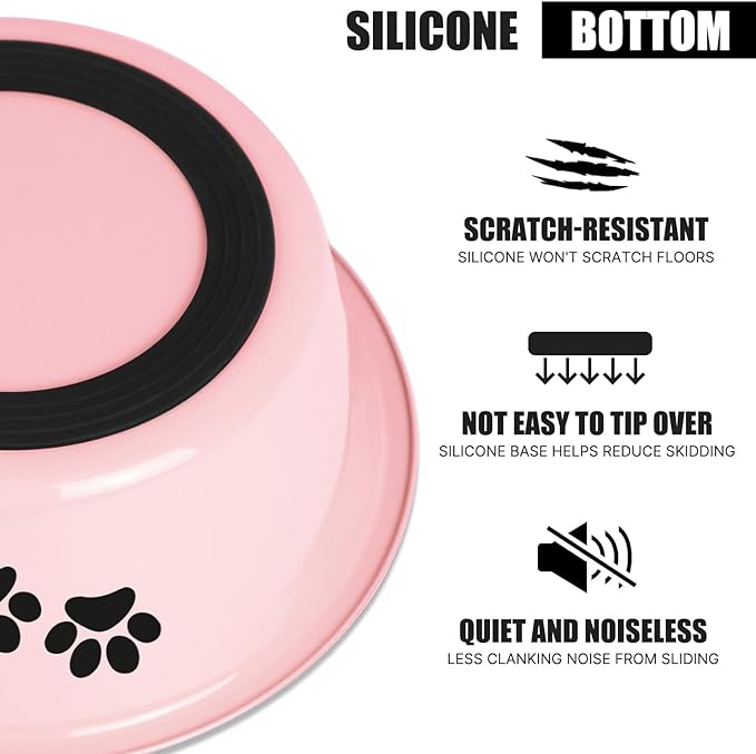 Stainless Steel Dog Bowls, Nonslip Rubber Bottom No Spill Proof Skid Metal Insulated Dog Bowls for Large Medium Small Breed Dogs (Pink, 6.6 Cups/53 OZ)