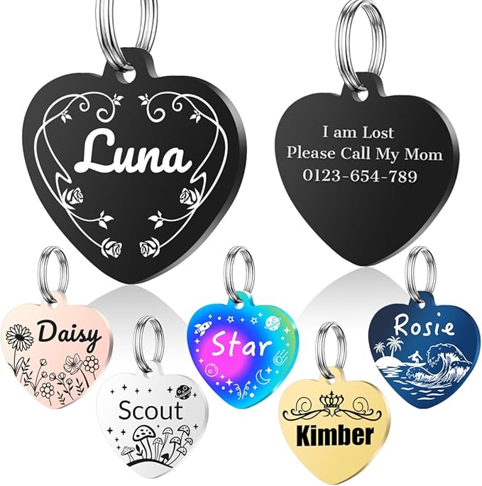 Personalized Dog Tags, Stainless Steel Pet Tags Personalized Cat, Collar Charm Engraved on Both Sides, up to 4 Lines of Custom Text, Multiple Patterns Colors Size Options (Flower, XSmall)