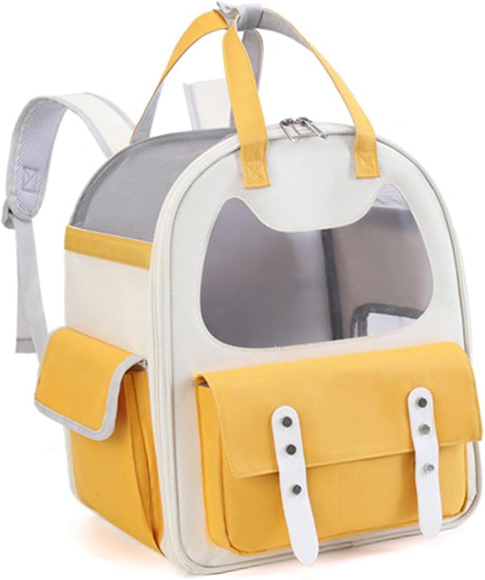 Pet Backpack, Canvas Transparent Cat Travel Backpacks, Breathable Multi-Purpose Small Dog Travel Bag with Handles, Suitable for Camping and Outdoor Activities (Yellow)