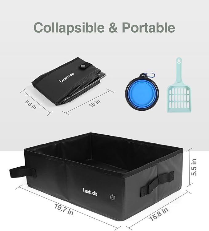 Luxtude Portable Litter Box for Cats, Collapsible Travel Litter Box for Cats in Car, No Smell, Waterproof and Easy Clean, No Leakage for Car, Hotel (Black, Large)