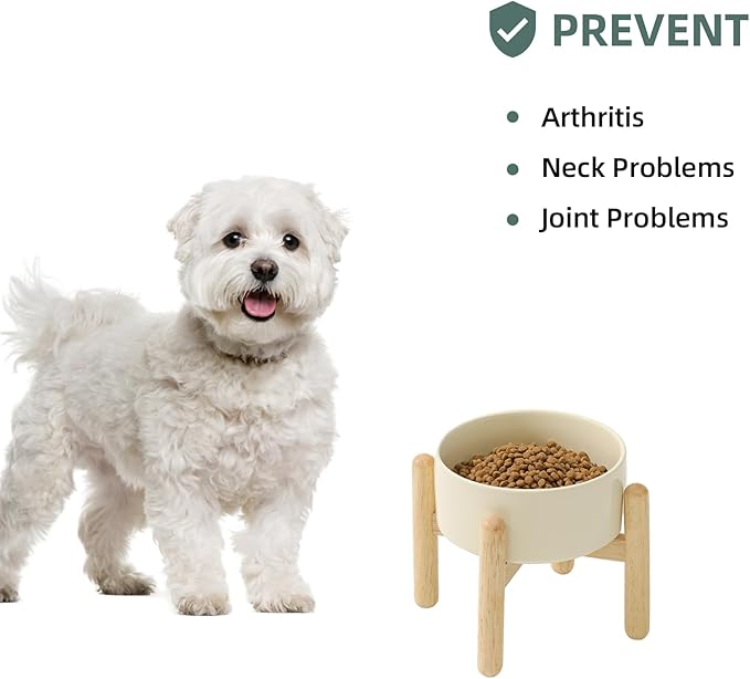 Ceramic 6.1inch Raised Dog Bowl with Stand for Small and Medium Dog Dish Pet Food and Water Bowl (Single Bowl with Stand - Light Yellow)