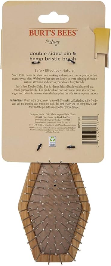 Burt's Bees for Pets Double Sided Pin & Hemp Bristle Dog Brush - Best All-Purpose Dog Brush to Reduce Shedding - For Long & Short Haired Large Dogs, Bamboo (Pack of 2)
