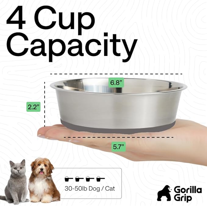 GORILLA GRIP Dog Bowls, Food Grade 304 Stainless Steel, Holds 4 Cups Each (32 fl oz) Food and Water Bowl for Feeding Dogs and Cats, Dishwasher Safe, Rust Resistant, BPA Free Rubber Base Set of 2 Gray