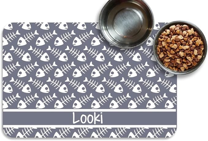 Personalized Dog Cat Food Mat PU Non-Slip at The Bottom Dog Bowl Mat Dog Mat for Food and Water Custom Pet Dog Food Mats for Floors Waterproof (Fish Bone)