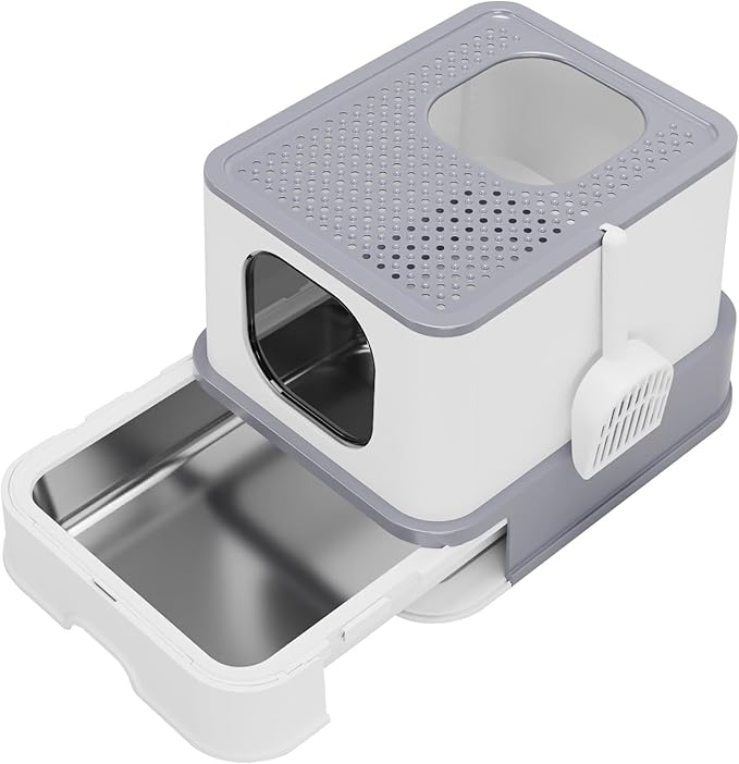 RIZZARI Stainless Steel Cat Box: Large Gray Enclosed Design Litter Pan - High-Edged & Teflon Coating - for Superior Odor Control & Easy-Clean Drawer - Ideal for Multi-Cat Homes Garage
