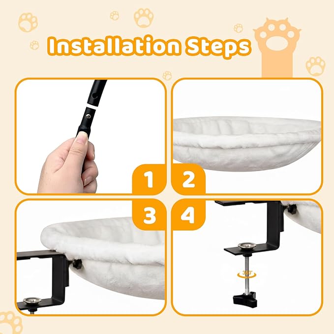 Desk-Mounted Cat Hammock Bed, Clamp-On Pet Perch, Soft Faux Fur, No-Drill Install, Washable Pad, 16.5" Round, Supports 50 lb, Space-Saving Home Office