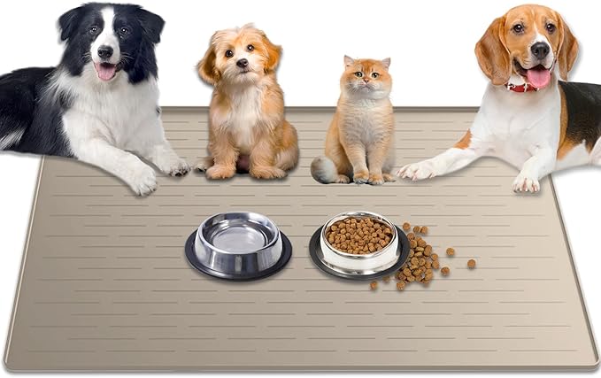 1.5MM Super Thick Dog Food Mat, 48"x32" Silicone Dog and Cat Mats for Food and Water Bowls, Waterproof Pet Feeding Mat for Contain Spills Protects Floors, Multiple Colors & Sizes for Pets, Beige