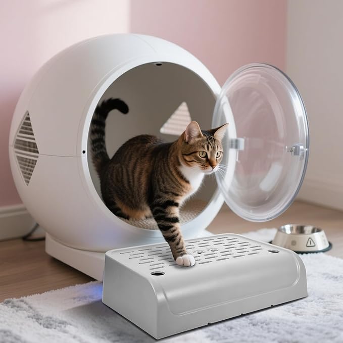 Cat Ramp for Litter Box Step, Plastic Automatic Litter Box Ramp Cat Steps Mat with Filter Function, Double Layered Self Cleaning Cats Stairs with Storage Space for Catcher (Grey)