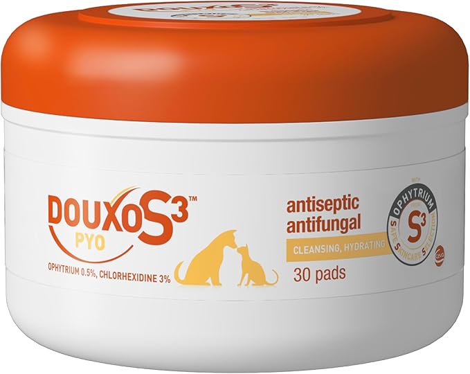 Douxo S3 Pyo Pads, Contains 3% Chlorhexidine & 0.5% Ophytrium, Antiseptic & Hydrating, For Bacterial or Yeast Skin Infections, For Dogs and Cats, 30 Pads