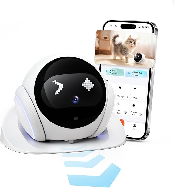 Pet Camera Robot Companion Monitor – Movable Home Security Cam with 1080P Video, 2.4GHz WiFi, Motion Tracking, Laser Toy, Two-Way Talk – App Control for Dogs & Cats