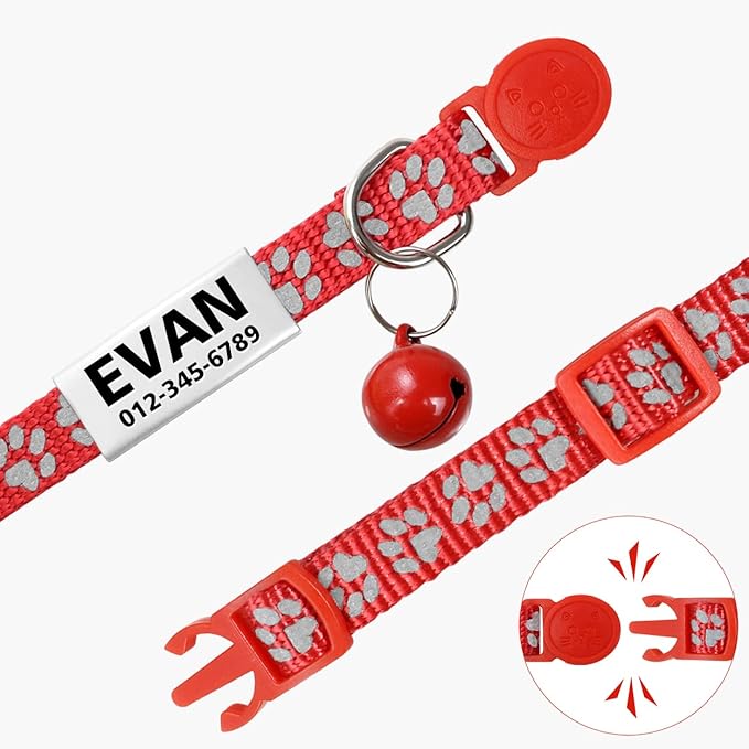 TagME 2 Pack Cat Collar with Name Tag, Personalized Reflective Cat Collar Breakaway with Bell for Boy & Girl Cats, Red