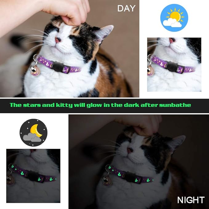 Baeuppit 2PCS Breakaway Cat Collars with Bell Cute Kitty Glow in The Dark Adjustable Kitten Collars(Orange&Black)