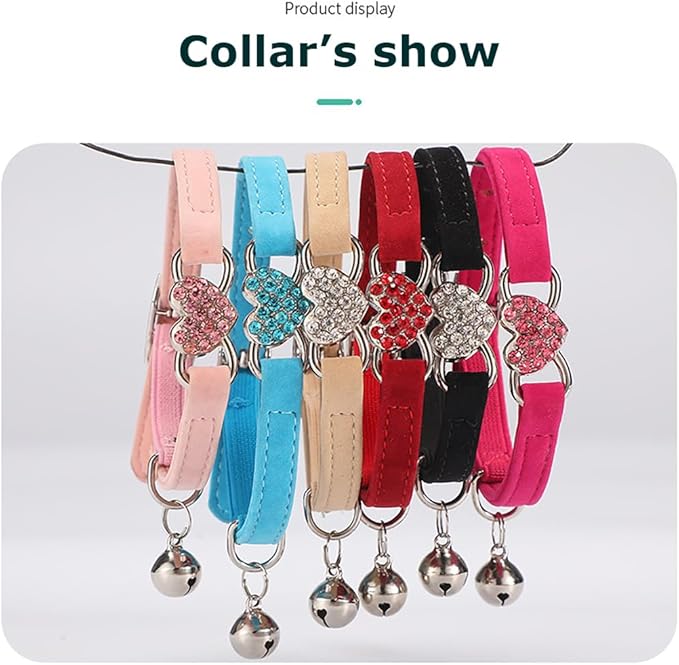 Puppy Collar with Bell, Bling Diamond Heart Soft Velvet Cat Collars with Bells for Xs Tiny Dogs Girls Pet Kitten Khaki