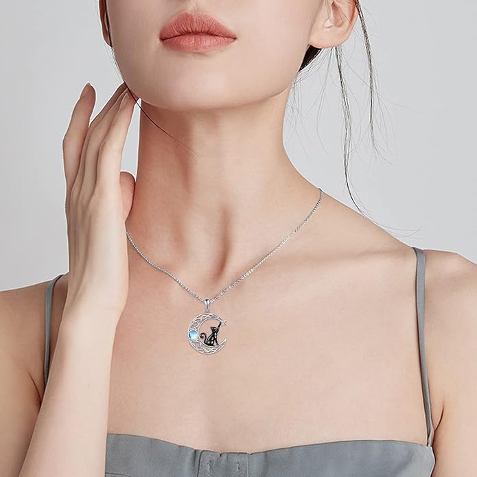 Celtic Moon Black Cat Necklace for Women - Abalone Tree of Life Sterling Silver Cat Lovers Jewelry