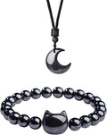 Black Obsidian Cat Bracelet and Moon Pendant Necklace Jewelry Set-Cat Lover Gifts,Wealth Attraction,Good Luck,Bead Bracelet,Mindfulness,Beaded Bracelets, Obsidian Pendant Necklace-Cute Gifts for Women