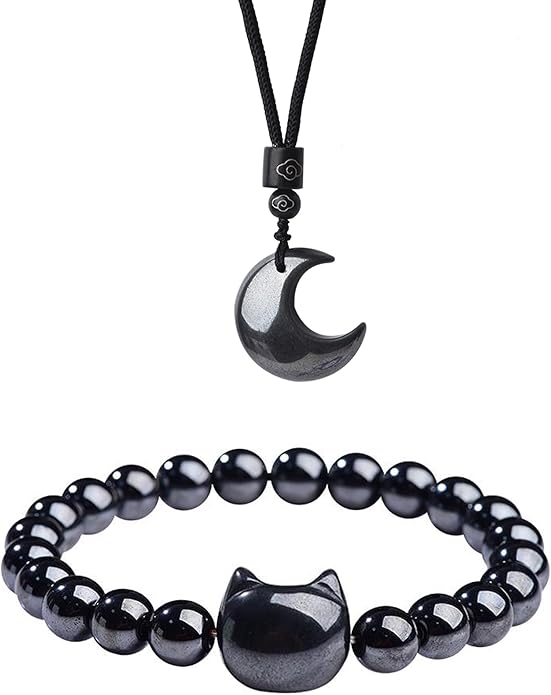Black Obsidian Cat Bracelet and Moon Pendant Necklace Jewelry Set-Cat Lover Gifts,Wealth Attraction,Good Luck,Bead Bracelet,Mindfulness,Beaded Bracelets, Obsidian Pendant Necklace-Cute Gifts for Women