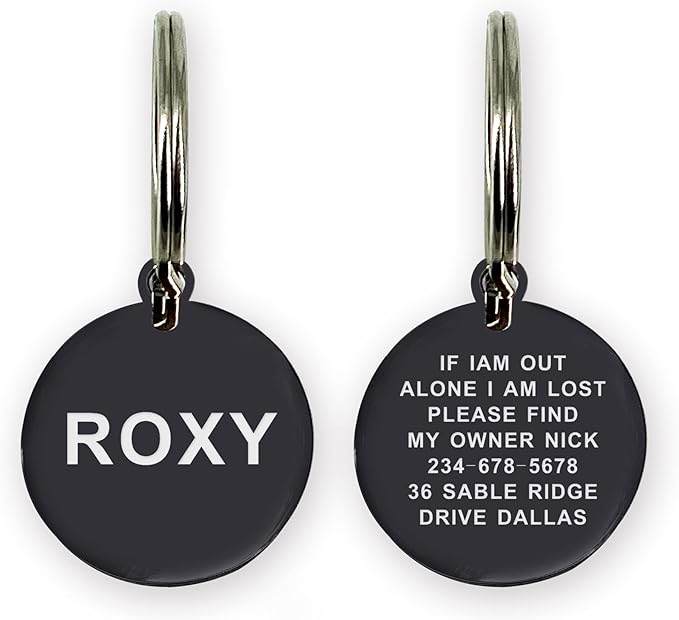 Personalized Dog & Cat Tags - Stainless Steel, Engraved on Both Sides (L Black)