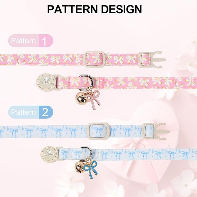 2 Pack Cat Collar, Cute Pink&Blue Bowtie Pattern Breakaway Kitty Collar with Bell&Pendent for Male and Female, Adjustable Holiday Kitten Collar for Boy&Girls