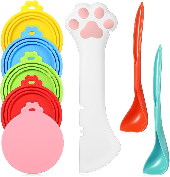 Uiifan Cat Food Lid Cat Food Can Covers Lids 8 Pcs Pet Can Supplies Set 5 Silicone Wet Kitten Foodstuff Tin Covers Lids 2 Silicone Dog Spoons 1 Paw Shape Multifunctional Opener for Pets(Multicolor)