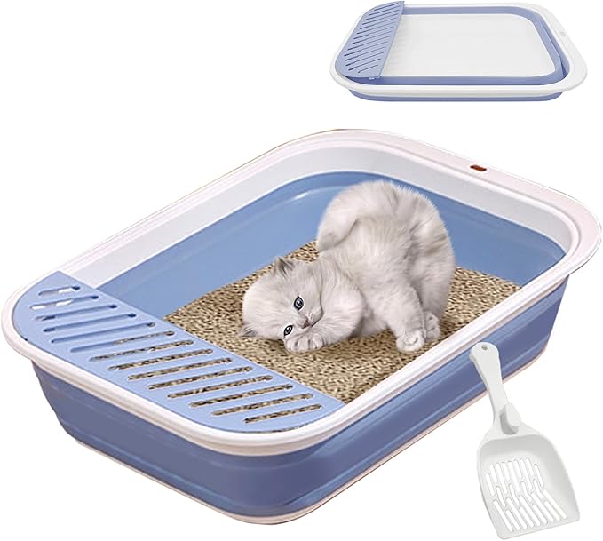 VCEPJH Kitten Litter Box Low Entry Litter Box for Senior Cats - Shallow Cat Litter Pan Collapsible Litterbox for Travel Blue