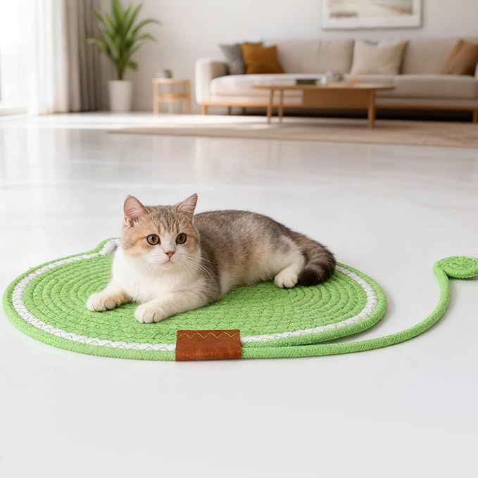 2 PC Cat Scratcher Mat - Natural Cotton Rope Oval Horizontal Scratch Pad (11''x13.7'') with Dangling Ball Toy, Cat Ear Design, Furniture Protector for Floor/Wall, Durable Handmade (Balck, 2 PC)