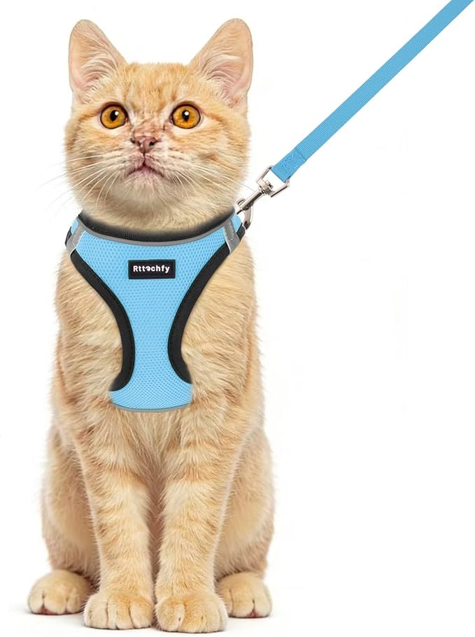 Rttochfy Cat Harness and Leash Set, Escape Proof Kitten Harness, Soft and Breathable Vest with Reflective Strip, Easy to Wear for Cats Walking and Traveling (BK Light Blue, M)