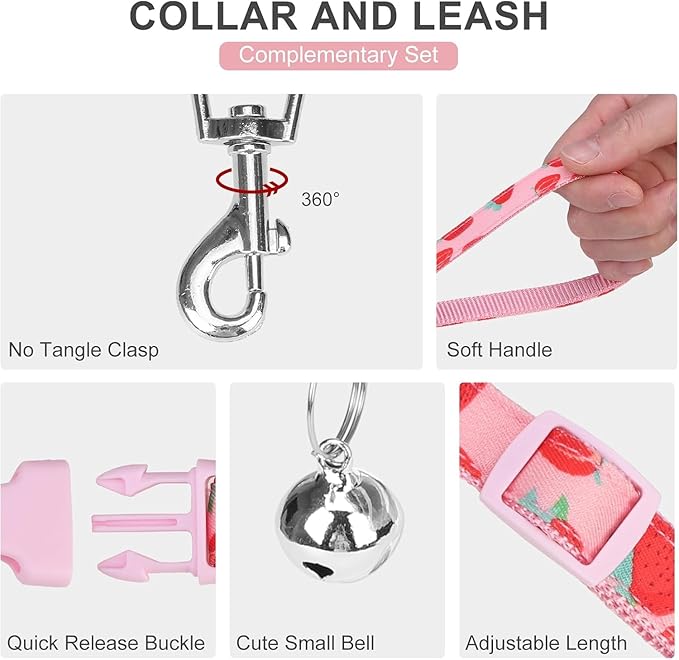 EXPAWLORER Dog Harness and Leash Set - Cute Puppy Harness Leash Dog Collar with AirTag Holder Silicone Case, Soft Padded Step in Pet Vest Reflective for Outdoor Walking, Strawberry L