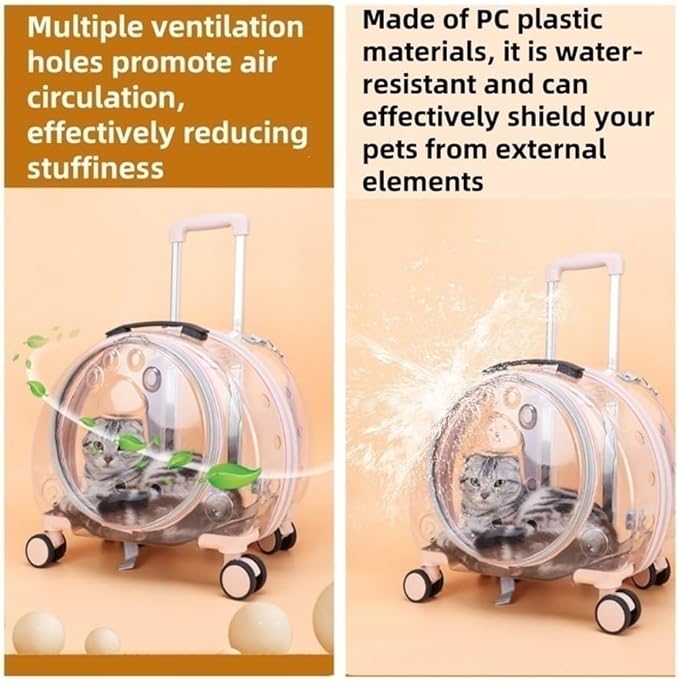 Rolling Cat Carrier, PC Materials Hard Shell Cat Carrier, Pet Carrying Case with Clear Window, Pet Carrier with Pull Rod(Light Pink)