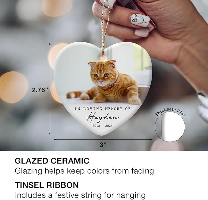 Cat Memorial Ornament - Personalized Ornaments in Loving Memory of Cats - Kitten Loss Bereavement Gift - Sympathy Keepsake for Pet, Cat Owners - Custom Decoration Heart Shaped