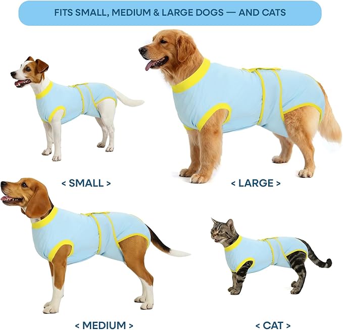 Recovery Suit for Dogs Cats After Surgery, E-Collar & Cone Alternative Surgical Suit, Prevent Licking Dog Onesies Pet Surgery Recovery Suit Soft Dog Bodysuit, Blue Yellow, S