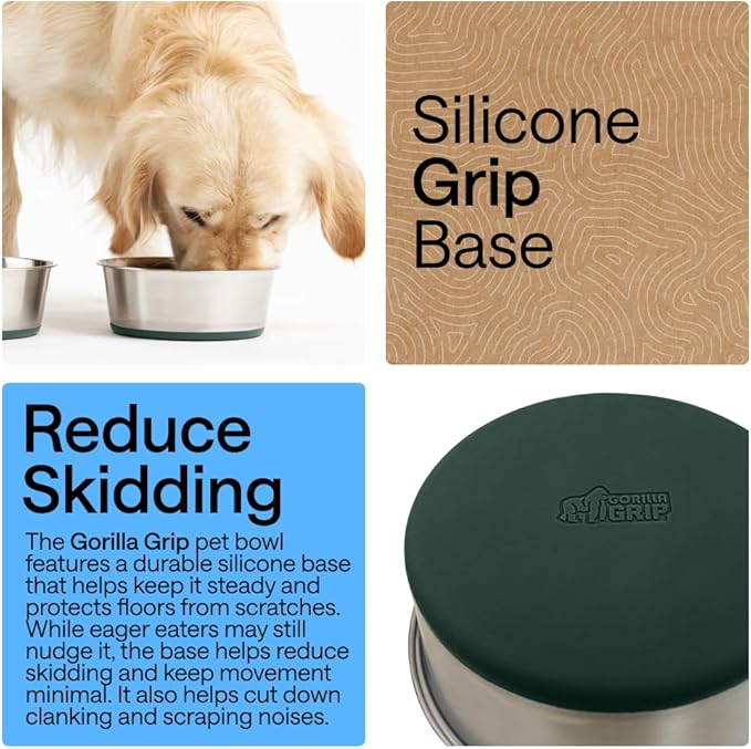 GORILLA GRIP Dog Bowls, Food Grade 304 Stainless Steel, Holds 4 Cups Each (32 fl oz) Food and Water Bowl for Feeding Dogs and Cats, Dishwasher Safe, Rust Resistant, BPA Free Rubber Base Set of 2 Green