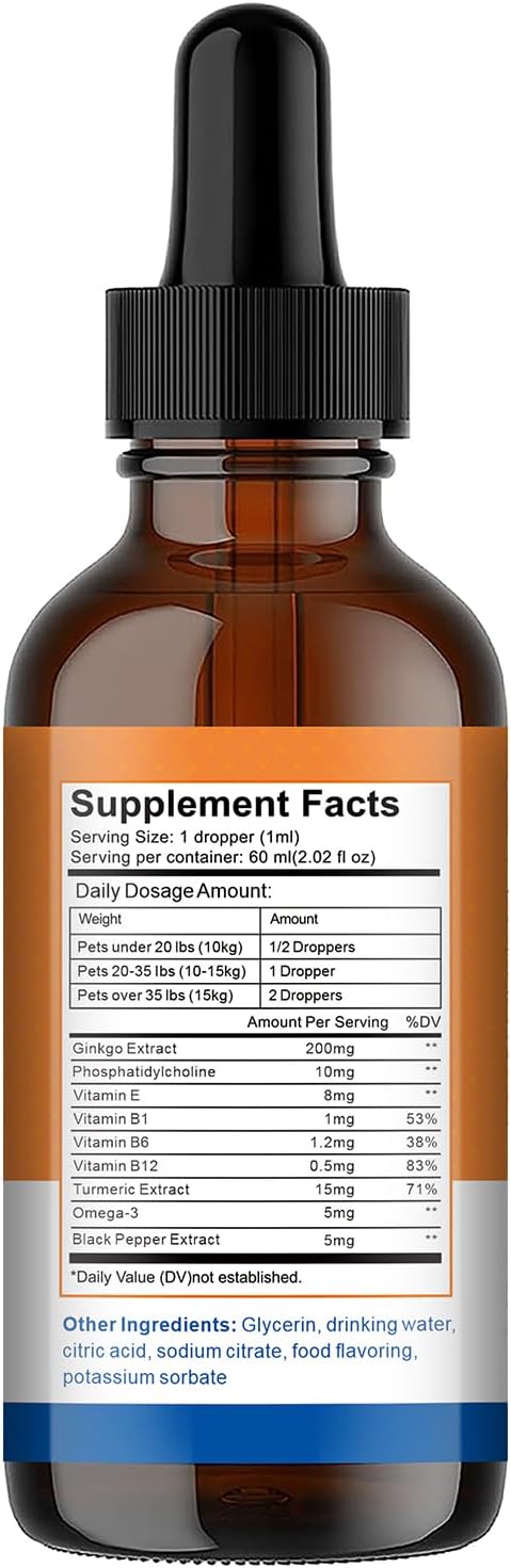 Pet Ginkgo Brain & Heart Support Drops, for Dogs & Cats: Cognitive & Memory Support, Blood Pressure, Cholesterol, Fights Mental Fog, with Curcumin & Lecithin & Multivitamins ﻿
