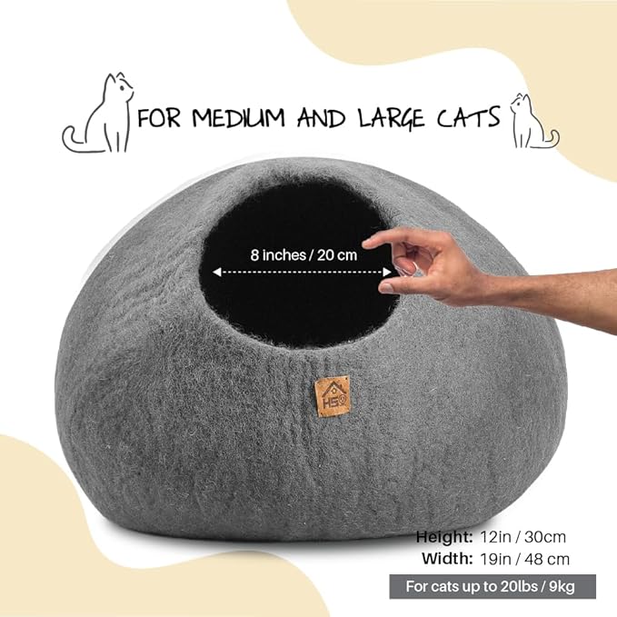 Wool Cat Cave, Handmade Felted Wool Cat Bed for Indoor Cats, Cozy Pet Hideout Pod, Natural Cat House for Kittens & Small Cats, Warm, Durable & Stylish Cat Condo (Medium, Plain Gray)
