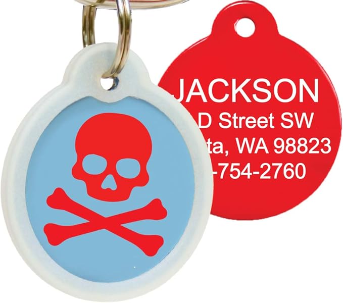 GoTags Unique Pet Tags, Personalized with 4 Lines of Custom Engraved ID, Silent Dog Tags with Glow in The Dark Silencer to Quiet Tag, Several Cute Tag Designs for Cat or Dog, (Skull and Crossbones)