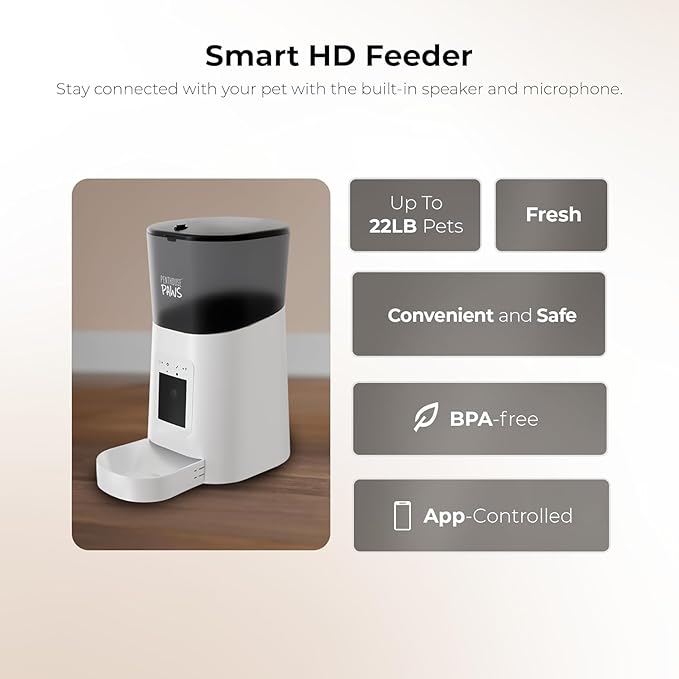 Penthouse Paws Smart HD Automatic Pet Feeder, 6L Dry Food Capacity, 1080p Camera, 2-Way Audio, Scheduled Meals, Backup Power, Easy to Clean, Anti-Jam Design for Cat & Dog, White