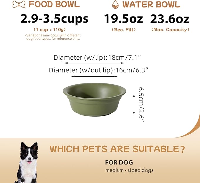 Ceramic 7.1inch Set of 2 Dog Bowls for Medium Dogs, 2pcs Basic 2.5 Cup Food or 24 oz Water Dishes for Replacement, Wide Opening Rounded Edge(2 Bowls, Olive Green)