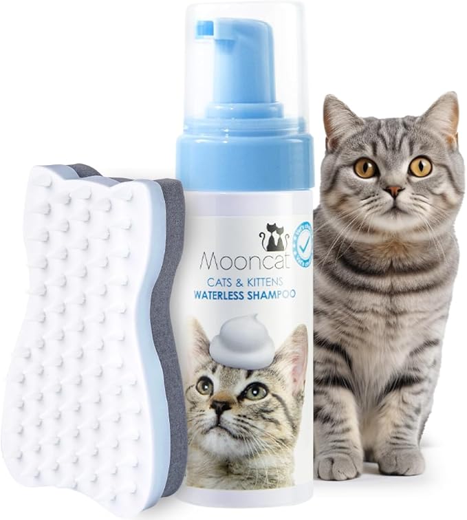 Mooncat Cat Grooming Essentials Bundle – Waterless No-Rinse Foam Shampoo with Brush (5oz) + Cat Ear Cleaner Finger Wipes (40ct) | Licking Safe, Paraben-Free, Dander Reducing & pH Balanced | Deep Ear W