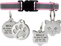 GoTags Reflective Cat Collar with Personalized ID Tag in Stainless Steel, Breakaway Cat Collar with Bell and Custom Engraved Cat Tag with up to 4 Lines of Custom Text, (Pink)