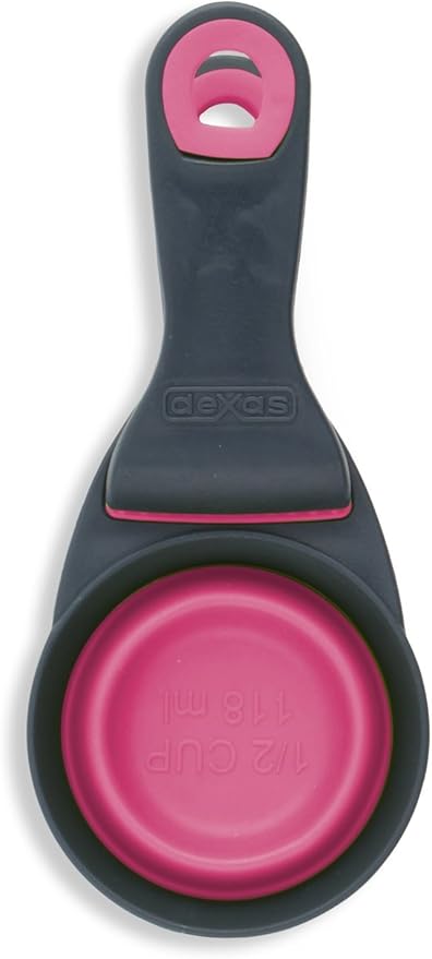 Dexas Popware for Pets Collapsible Klip Scoop, 3 in 1 Design Convenient Measuring Cup, Food Scooper and Bag Clip, ½ Capacity Pet Food Scoop, Versatile Food Measuring Cups Portion Control Gray/Pink