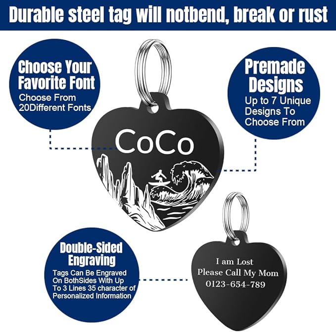 Personalized Dog Tags, Stainless Steel Pet Tags Personalized Cat, Collar Charm Engraved on Both Sides, up to 4 Lines of Custom Text, Multiple Patterns Colors Size Options (Beach, Small)