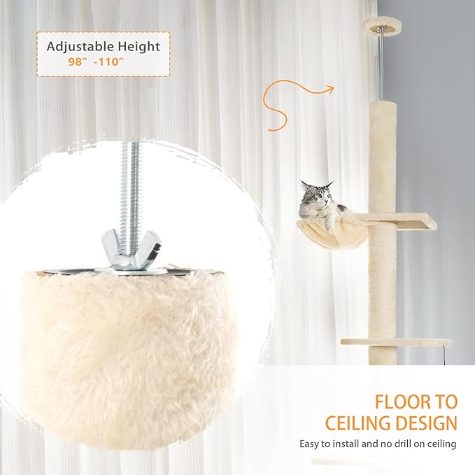 Floor to Ceiling Cat Tree,5 Tiers Tall Cat Tower with Adjustable Height(98-110),Cat Tree Floor to Ceiling with Cozy Hammock,Sisal Scratching Posts,Platforms,and Hanging Balls for Large Cats