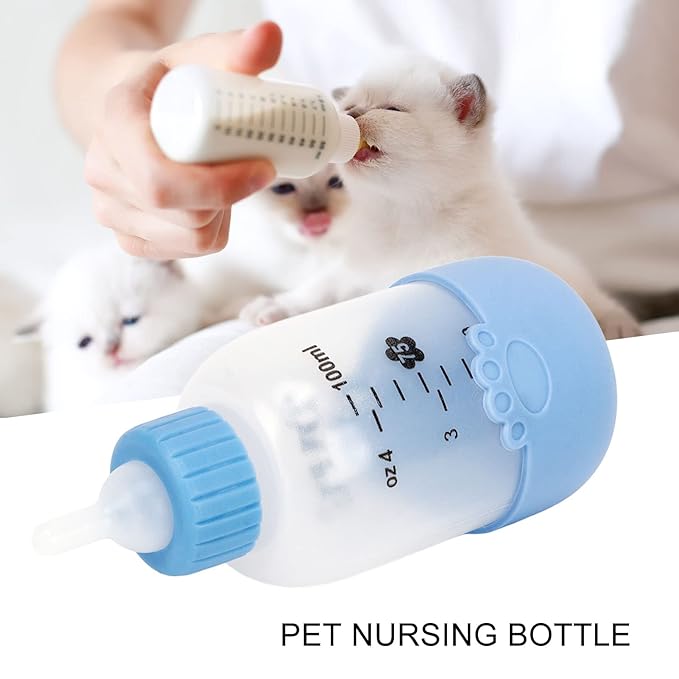 CHICIRIS Pet Nursing Bottle, Portable Paw Pattern Silicone Pet Milk Bottle with 3 Pcs Nipples, Cat Feeding Bottle for Newborn Kittens Hamster Puppies Rabbits (Blue)