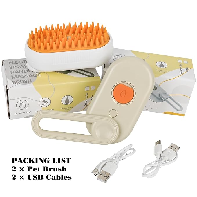 Cat Steam Brush for Shedding – Rechargeable Steam Pet Brush Flea, Anti-Static, Massage, Comb Cleaning All in One Pet Grooming Comb Hair Removal Tool for Cats and Dogs (2 PCS White Brown)
