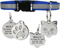GoTags Reflective Cat Collar with Personalized ID Tag in Stainless Steel, Breakaway Cat Collar with Bell and Custom Engraved Cat Tag with up to 4 Lines of Custom Text, (Blue)