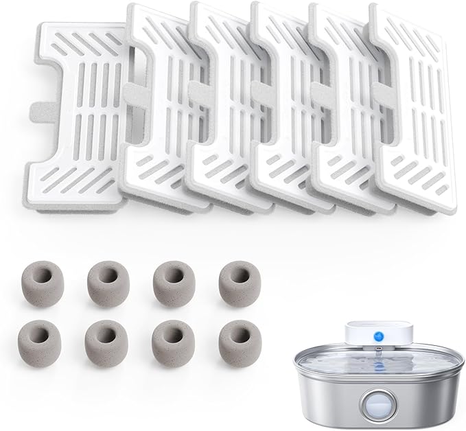 uahpet 6 Pack Replacement Filters & 8 Pack Replacement Filter Sponges for Stainless Steel Pet Fountain Pro (with water level window version), water fountain is not included