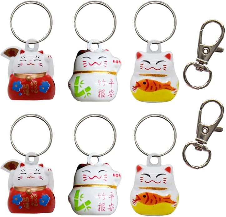 6 Pack Lucky Cat Collar Bells Loud Dog Collar Bells for Potty Training Necklace Pendant with Free Clips Key Rings White Red and Yellow